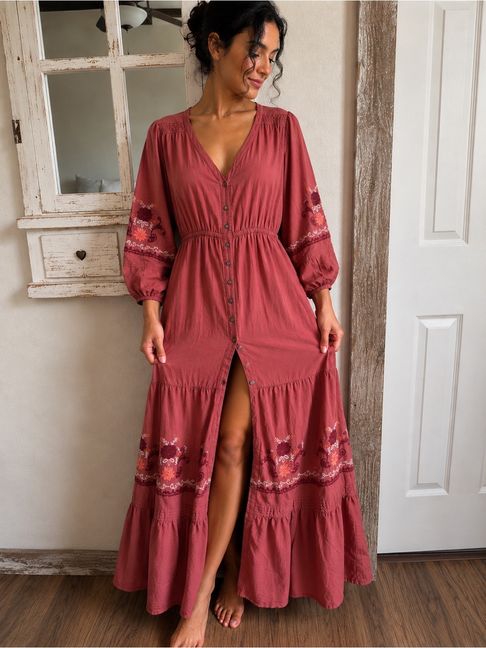 A Collective Story Boho Embroidered Tiered Maxi Dress dusty rose L